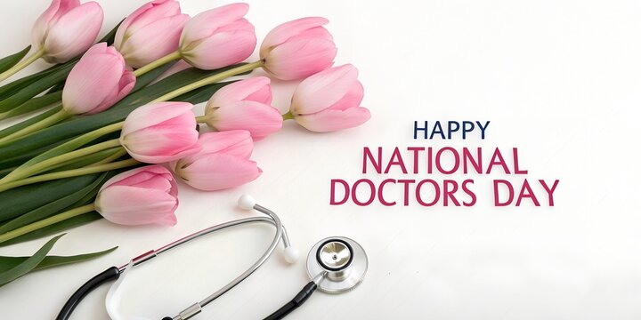 National Doctors Day Greeting with Pink Tulips and Stethoscope on White Background