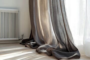 Close-up, detailed photograph of a window with sheer curtains. Warm sunlight is streaming through
