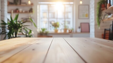 Wooden tabletop in front of a bright, sunlit room with plants and shelves