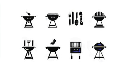 Vector Graphics of Barbecue Grill Icons and Outdoor Cooking Tools Illustrations