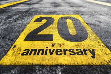 Bright yellow text "20 years anniversary", written on the asphalt, with the numbers in black letters