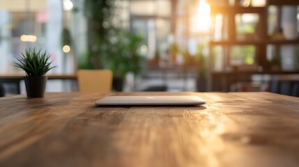 Modern workspace interior with a closed laptop on a wooden table, illuminated by warm sunlight in a blurred office background