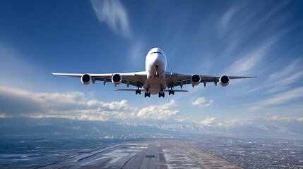 Soaring High: A passenger plane takes flight, symbolizing travel, adventure, and the global reach of air transport. Capture the majesty of aviation, with a focus on movement and aspiration.