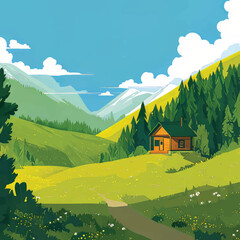 Tranquil Cottage Escape: Lush Mountain Illustration of Rural Summer Bliss