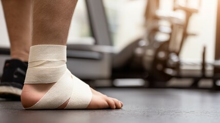 Athlete with injured ankle wrapped in medical tape during workout, sports injury treatment and recovery concept, fitness and healthcare theme.