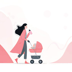 Tender Parenting in Pastel: Mother Walking with Baby in Playful Modern Art