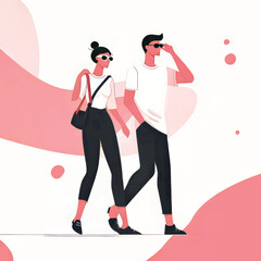 Stylish Young Couple in Vintage-Inspired Urban Lifestyle Illustration