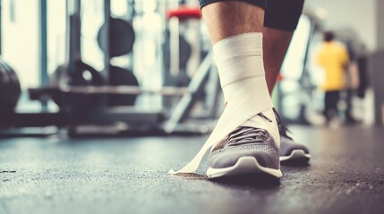 Athlete with injured ankle wrapped in medical tape during workout, sports injury treatment and recovery concept, fitness and healthcare theme.