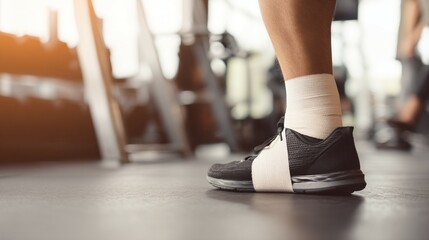 Athlete with injured ankle wrapped in medical tape during workout, sports injury treatment and recovery concept, fitness and healthcare theme.