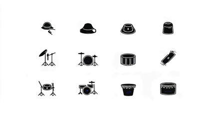 Black and White Musical Icons Featuring Drum Kit and Percussion Silhouettes