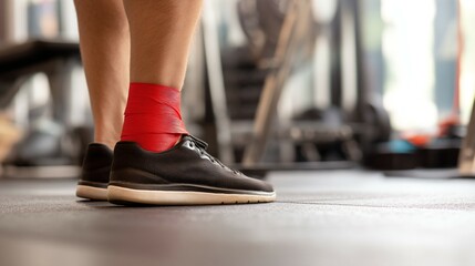 Athlete with injured ankle wrapped in medical tape during workout, sports injury treatment and recovery concept, fitness and healthcare theme.