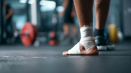 Athlete with injured ankle wrapped in medical tape during workout, sports injury treatment and recovery concept, fitness and healthcare theme.