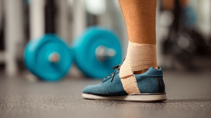 Athlete with injured ankle wrapped in medical tape during workout, sports injury treatment and recovery concept, fitness and healthcare theme.