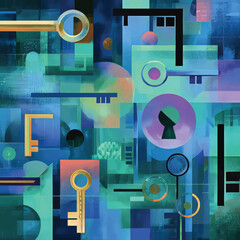 Abstract Art: Blue Toned Geometric Key Design with Security Symbols