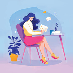 Creative Feminine Workspace: Woman Writing Mail in Cozy Office, Flat Design