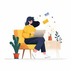Modern Home Office: Young Woman Freelancing in Creative Workspace with Plants