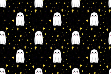 Seamless pattern of cute ghost and night starry sky. Cartoon character for Halloween. For backgrounds, wallpapers, textiles, packaging, or  website.