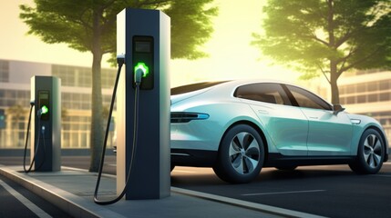 Fototapeta premium Electric Car. Modern Electric Vehicle. Electric Car Charging at Station. Eco-Friendly Vehicle Connected to Power Source. Clean Energy and Sustainable Transportation Concept with copy space. 