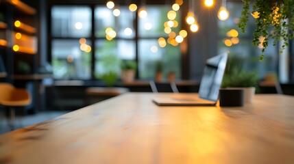 Inviting ambiance of a modern office or cafe with a laptop on a wooden table, featuring beautiful bokeh lights in the background