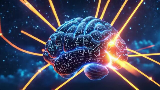 Receiving glowing orange beams, 3D brain model rotating in cosmic backdrop, with pulsing formulas