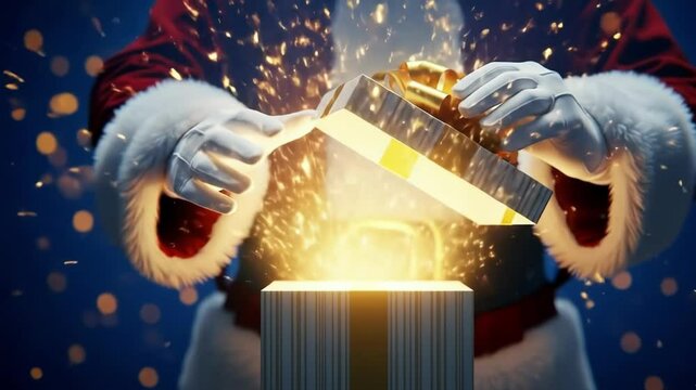 Santa claus opens a magical gift box with sparkling lights