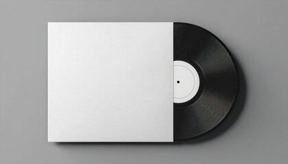 minimal black vinyl record partially inside white square sleeve on neutral gray background perfect for music branding, album cover mockup, or retro web design

