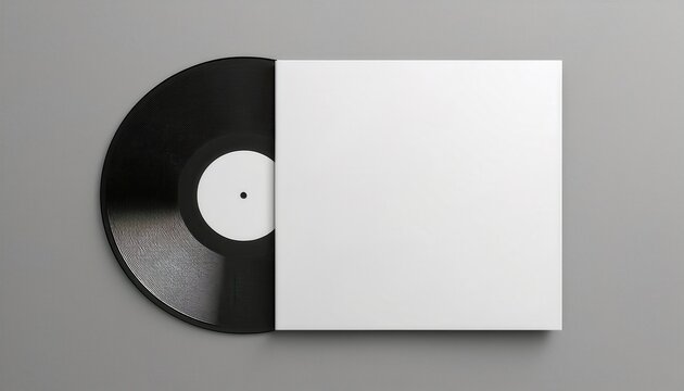 minimal black vinyl record partially inside white square sleeve on neutral gray background perfect for music branding, album cover mockup, or retro web design

