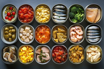 Canned food arranged in lines on a grey background, including sardines and tin cans