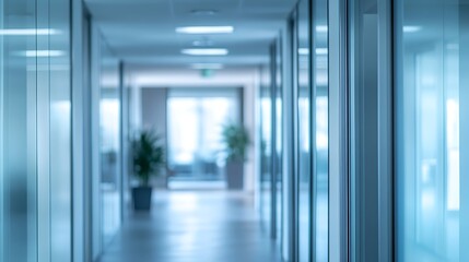 Perspective view of a long, empty, and blurred office hallway with glass partitions, representing a corporate environment or career path