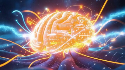 Receiving electric pulses powering formulas, brain model glowing inside digital matrix, with cables - Powered by Adobe