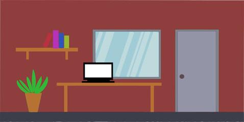 Modern Interior Workspace: A minimalistic workspace setup with a laptop on a desk, complemented by books and indoor plants, all under the warm glow of soft light in a creative workspace