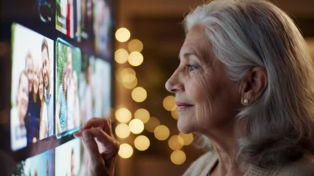 Senior woman using interactive display for photos and memories with touch screen technology