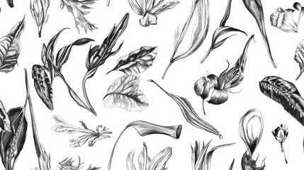 Fototapeta premium Hand drawn leaves and botanical sprigs in black ink. Seamless pattern on white background with scattered floral shapes. Calm natural elegance for branding and packaging designs.