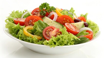 Fresh vegetable salad with tomatoes, cucumbers, and lettuce in a bowl