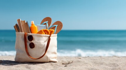 Beach bag with summer essentials on sandy shore in front of ocean waves. Open beach bag on the sand filled with sunscreen, sunglasses, towel, book, and flip flops, ocean in background