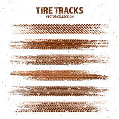 Grunge tire tracks with mud splatters, dirty wheel braking marks. Truck, car, or motorcycle tread pattern silhouettes. Perfect for off-road, motorsport, and racing designs. Vector illustration