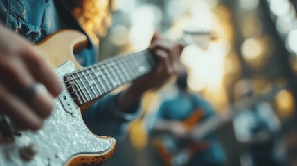 Obraz premium A close-up of a guitarist skillfully playing an electric guitar amidst a serene forest, illustrating the fusion of music and nature's tranquility in a captivating atmosphere.