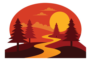 Obraz premium A stylized landscape illustration featuring a winding path leading towards a setting sun, framed by trees and hills.