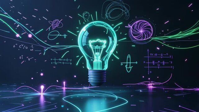 Pulsing nodes sending converging magenta and turquoise ribbons forming bulb filament on grid plane
