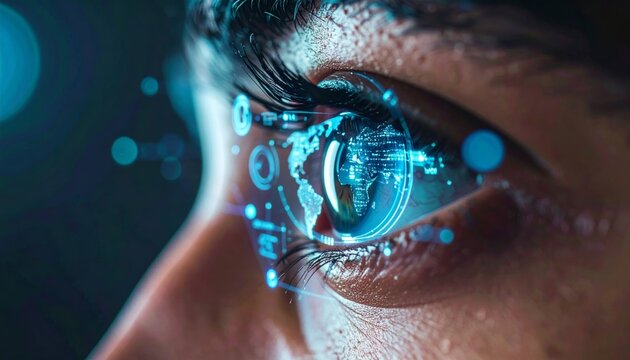 Close up of a human eye wearing a futuristic AR contact lens displaying digital world data and holographic interface.