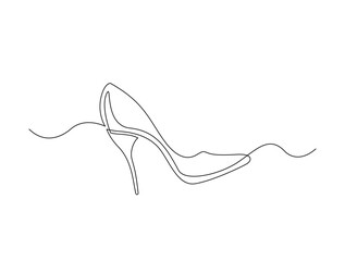 High heel in single line draw illustration. Continuous one line drawing of woman footwear. Editable stroke.