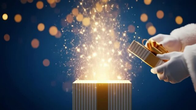 Santa clauss hands open a magical christmas gift box filled with sparkling light