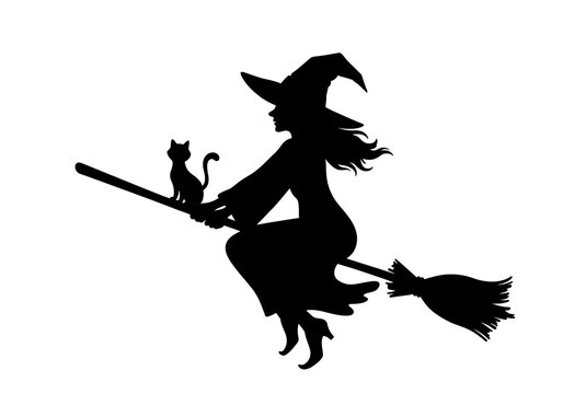 A black and white silhouette of a witch riding a broom, with a small cat perched on the broom handle