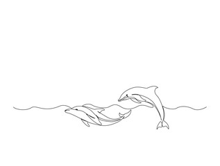 Bottlenose dolphins in single line draw illustration. Continuous one line drawing of dolphins fish. Editable stroke.