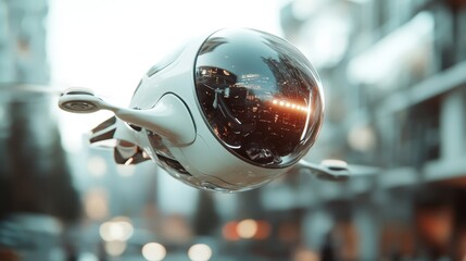 A sleek and innovative flying drone showcases advanced technology with its round shape and reflective surface, representing the future of transportation and urban mobility.