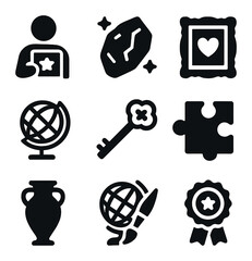 Unique Collectible Icons. Solid, filled icons set of rare and unique collectibles: collector icon, rare find,