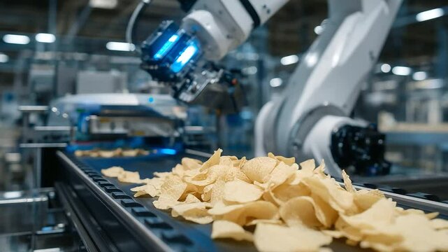 Inside an advanced snack factory, robotic sorters scan chips moving swiftly on a conveyor, detecting imperfections before final packaging
