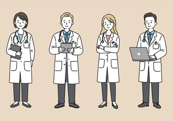 Cartoon vector illustration of professional medical team with doctor, nurse, and children standing in a hospital