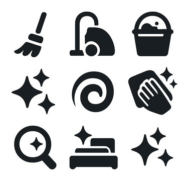 Cleanup Icon Set. Solid, filled icons set of cleanup and finishing touches: broom icon, vacuum icon, cleaning