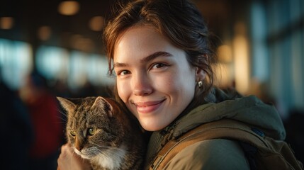 Cuddling with a cat indoor setting portrait photography warm lighting close-up connection